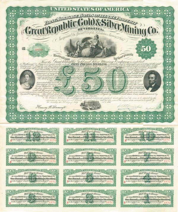 Great Republic Gold and Silver Mining Co. of Virginia - £50 Bond (Uncanceled)